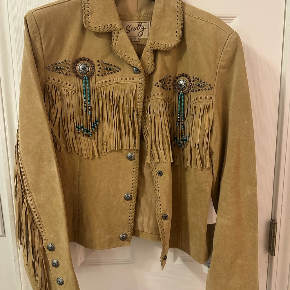 Scully Tan Suede Fringe Jacket with Turquoise Beadwork